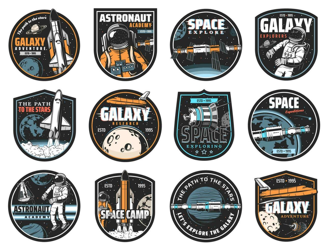 Space vector icons astronaut in galaxy, rocket