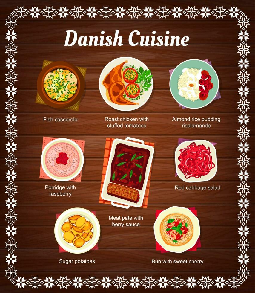 Danish cuisine food menu, dishes and meals vector