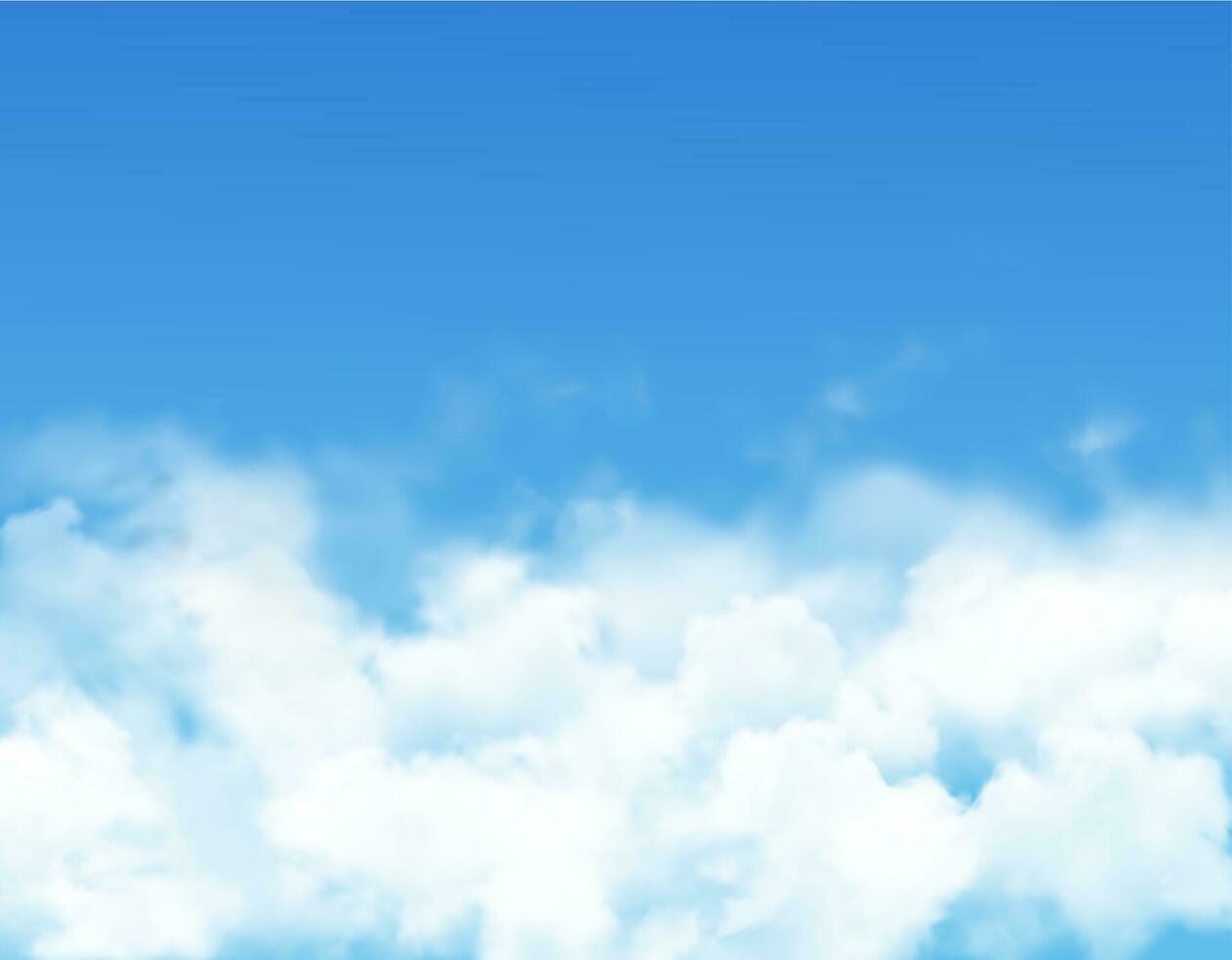 Sky clouds, fog on blue heaven, realistic cumulus vector