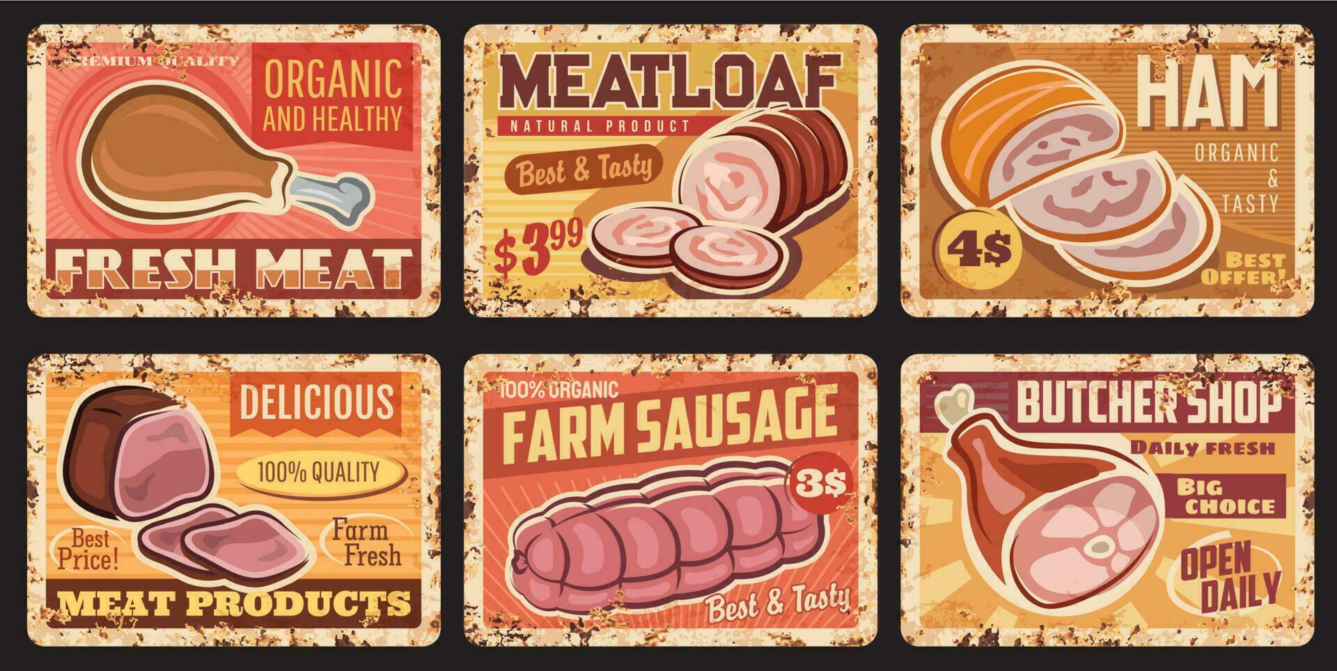 Butcher shop, meat market rusty metal plates vector