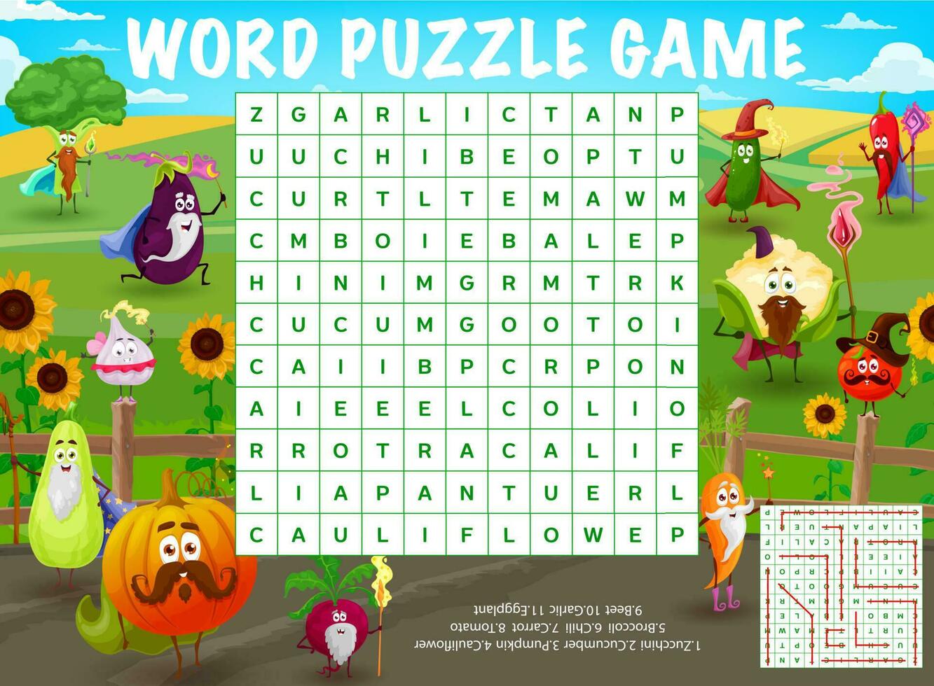 Vegetable wizards on farm field word search puzzle vector
