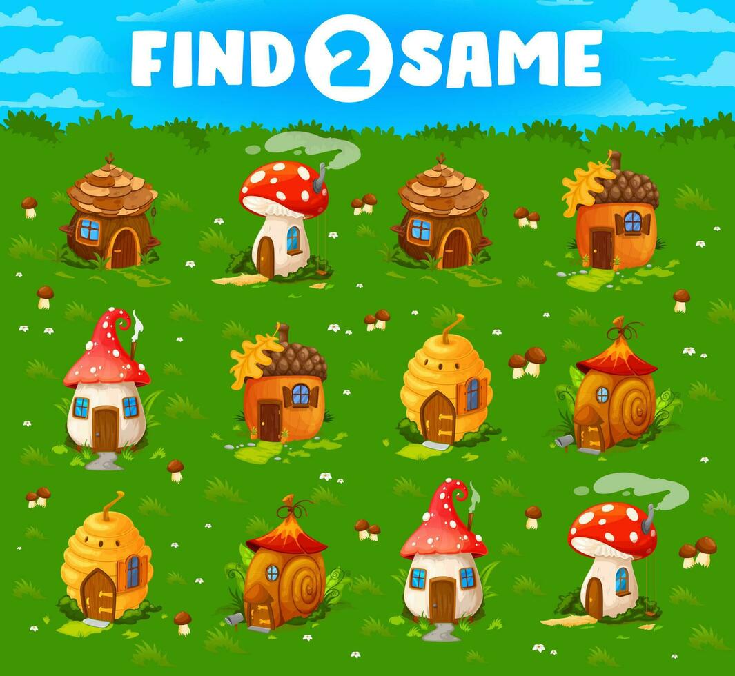 Find two same fairytale houses kids game worksheet vector