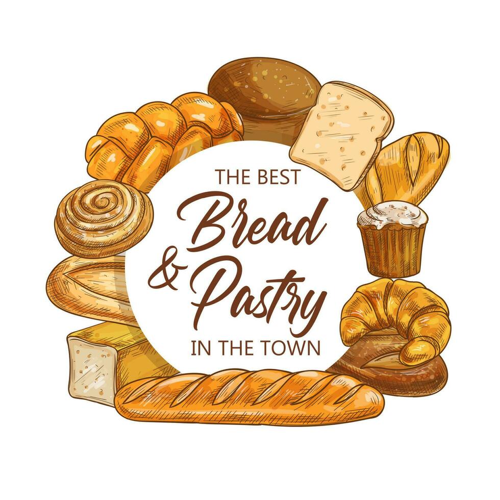 Bread and pastry shop, baked food products, sketch vector