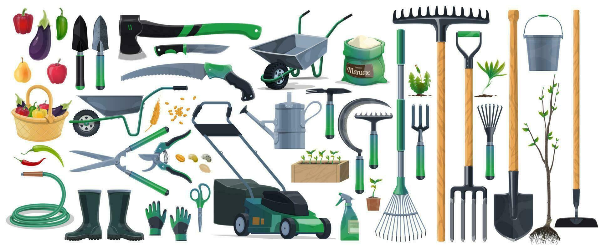 Garden tools, equipment cartoon set, agriculture vector