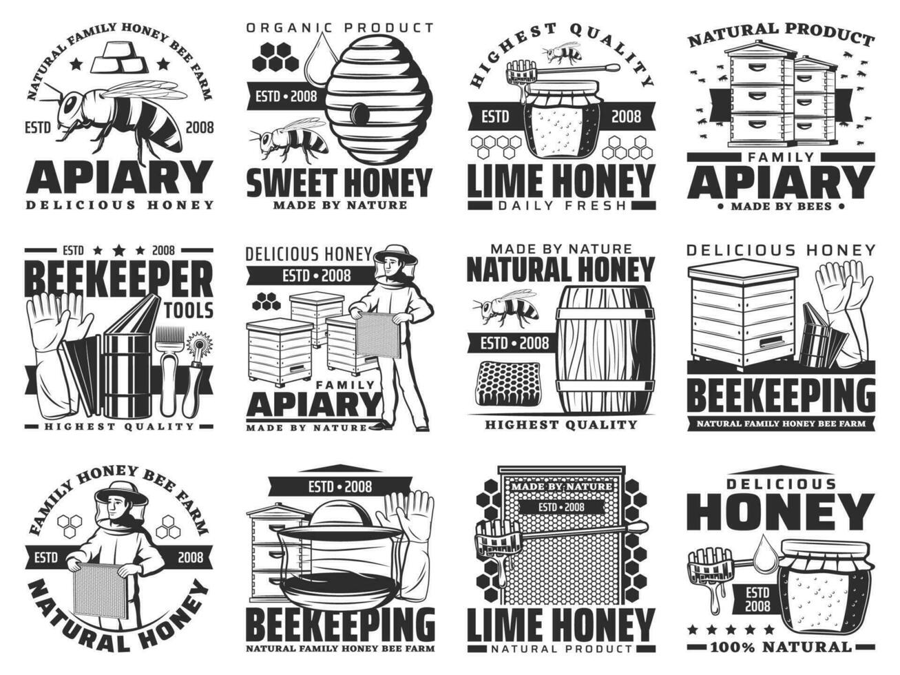 Honey and beekeeping apiary farm vector icons set
