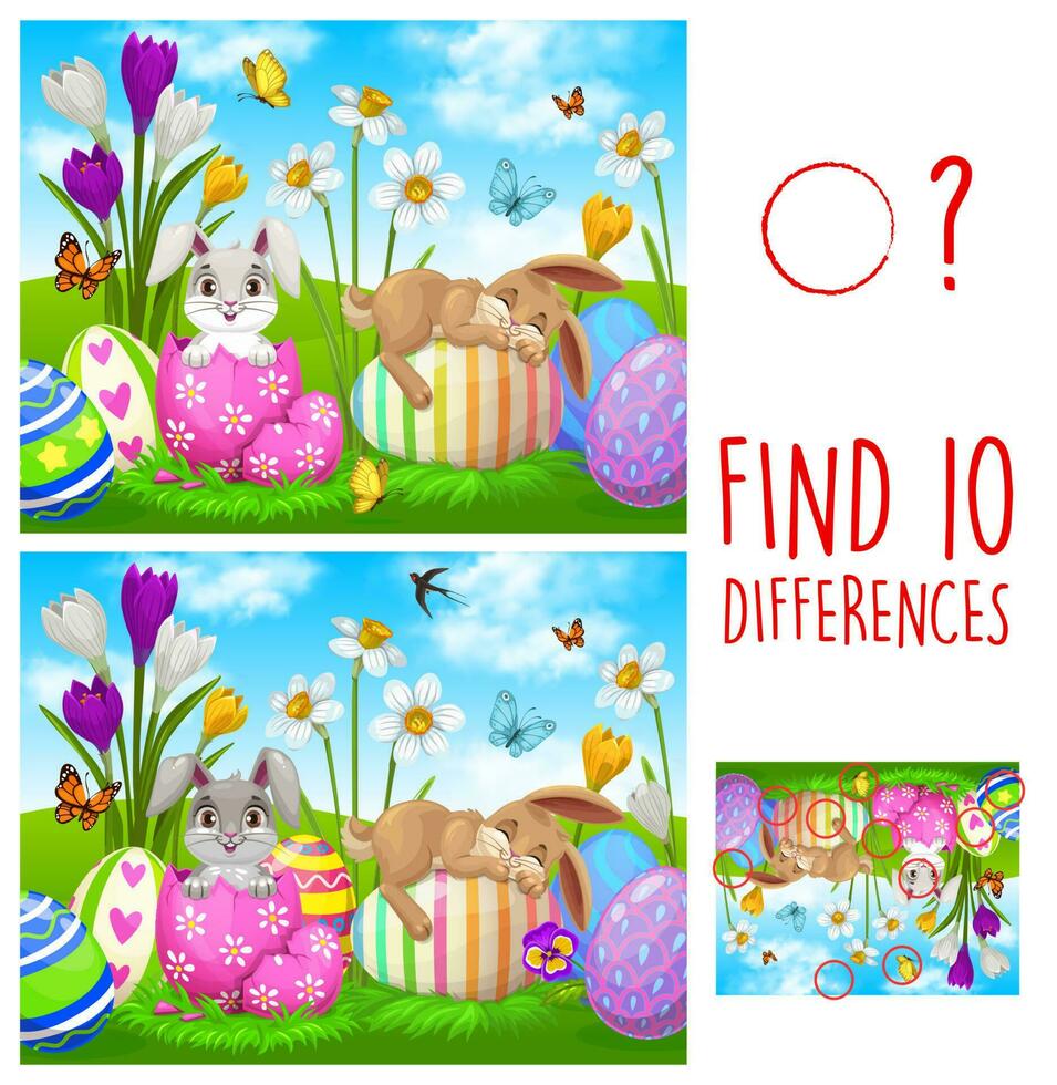 niños juego encontrar diez diferencias con Pascua de Resurrección conejos vector