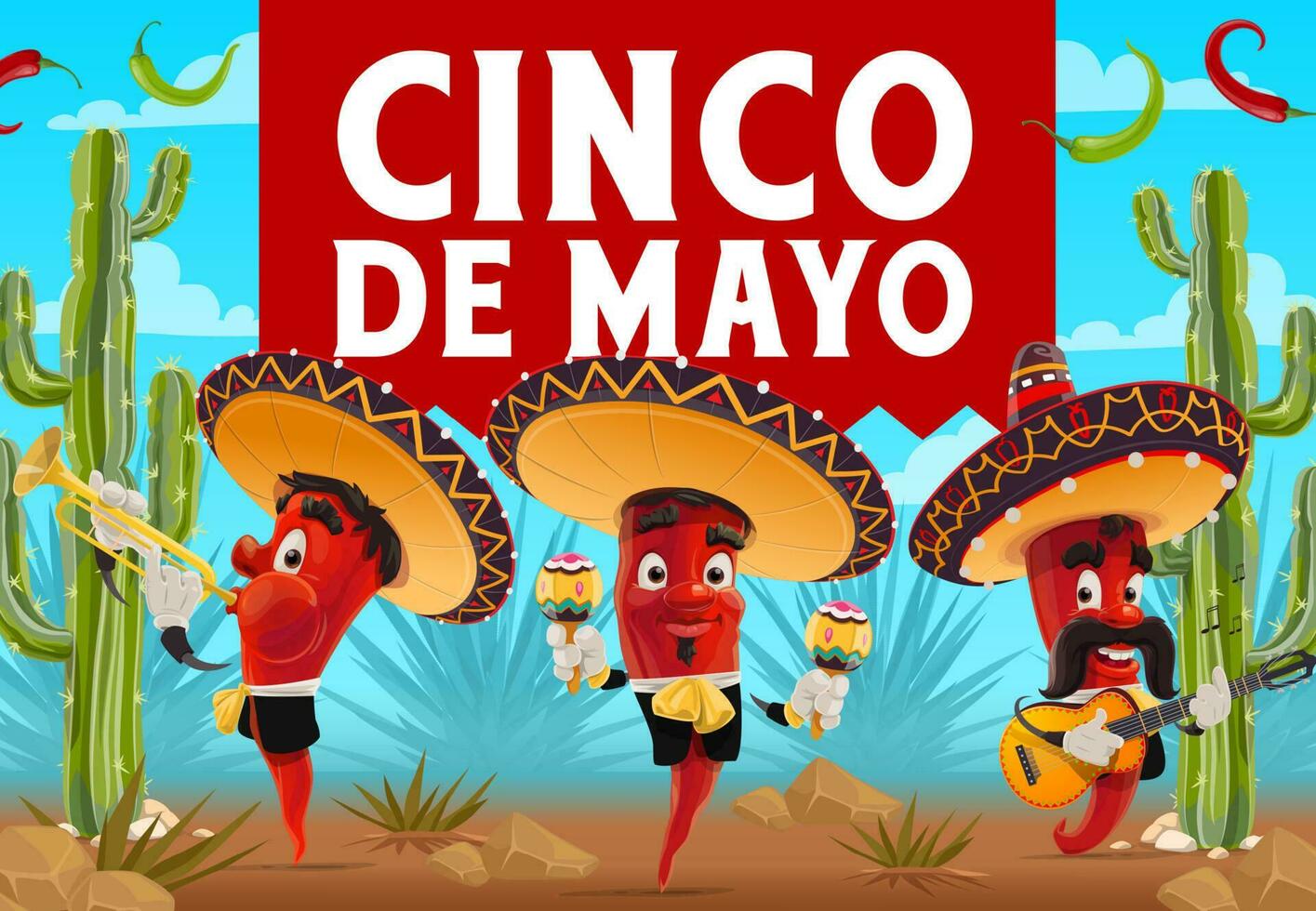 Cinco de Mayo chilli pepper musicians, sombreros vector