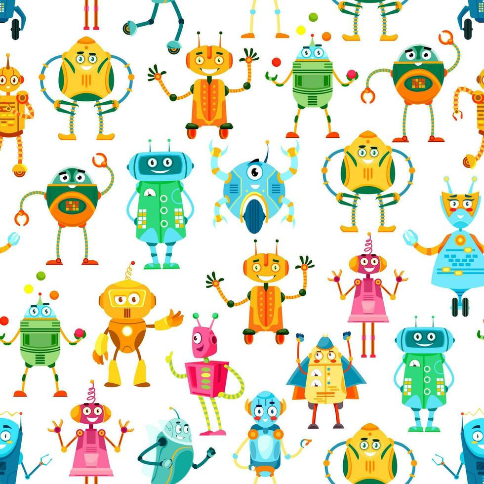 Cartoon funny robots and droids seamless pattern vector