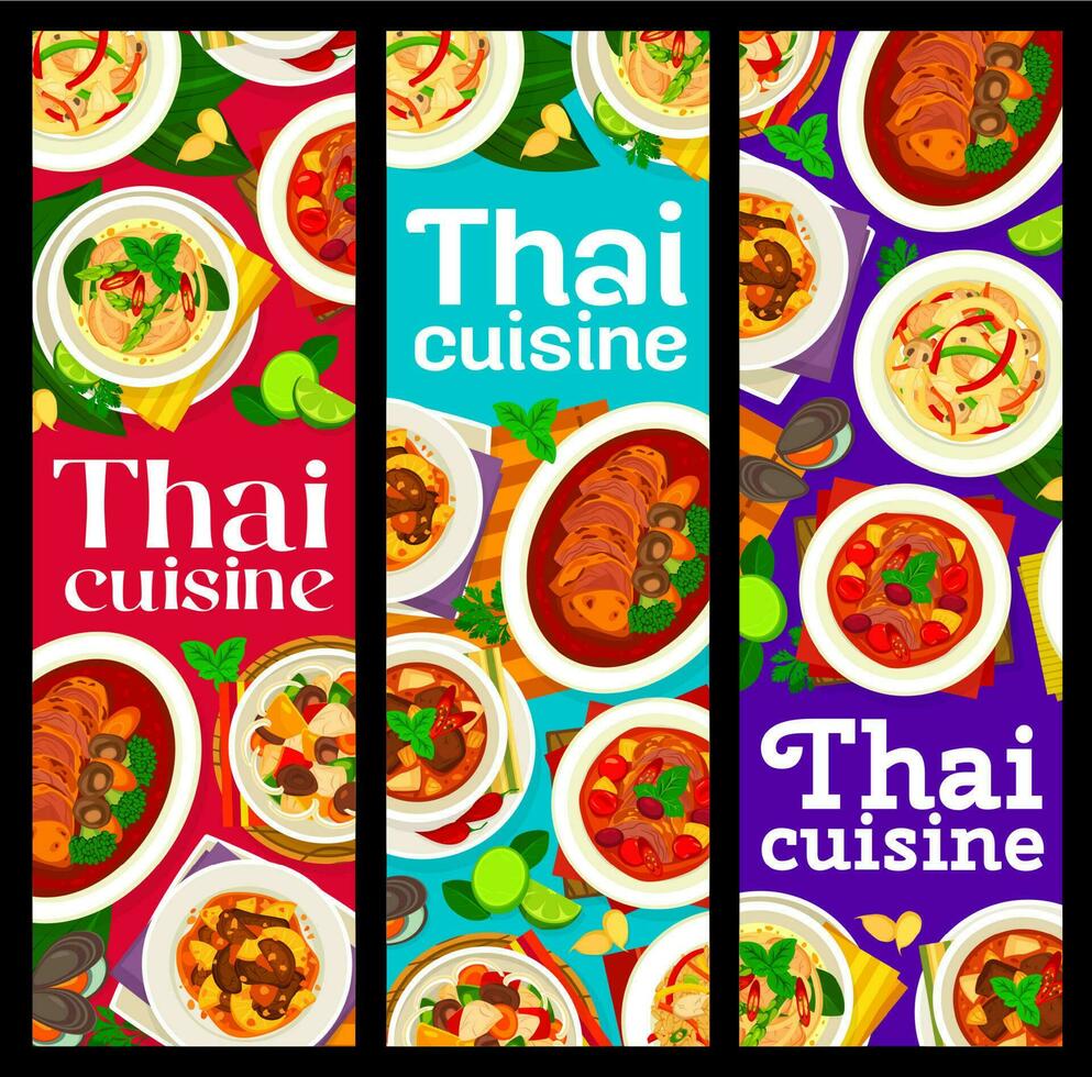 Thai cuisine food banners, Thailand dishes, meals vector