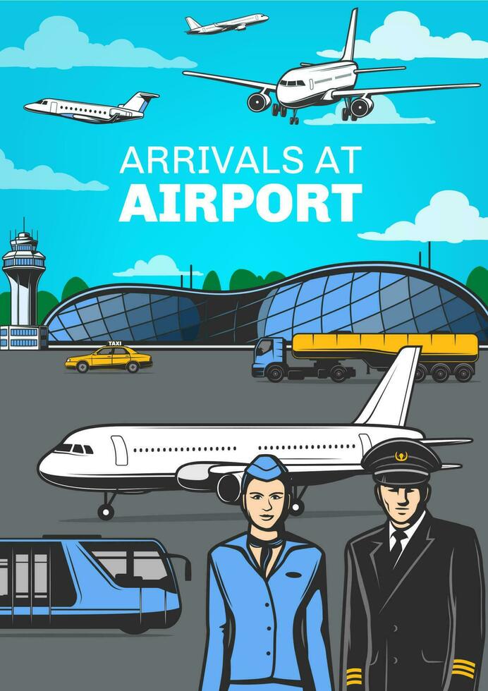 aviación, aeropuerto aviones y tripulación aérea póster vector