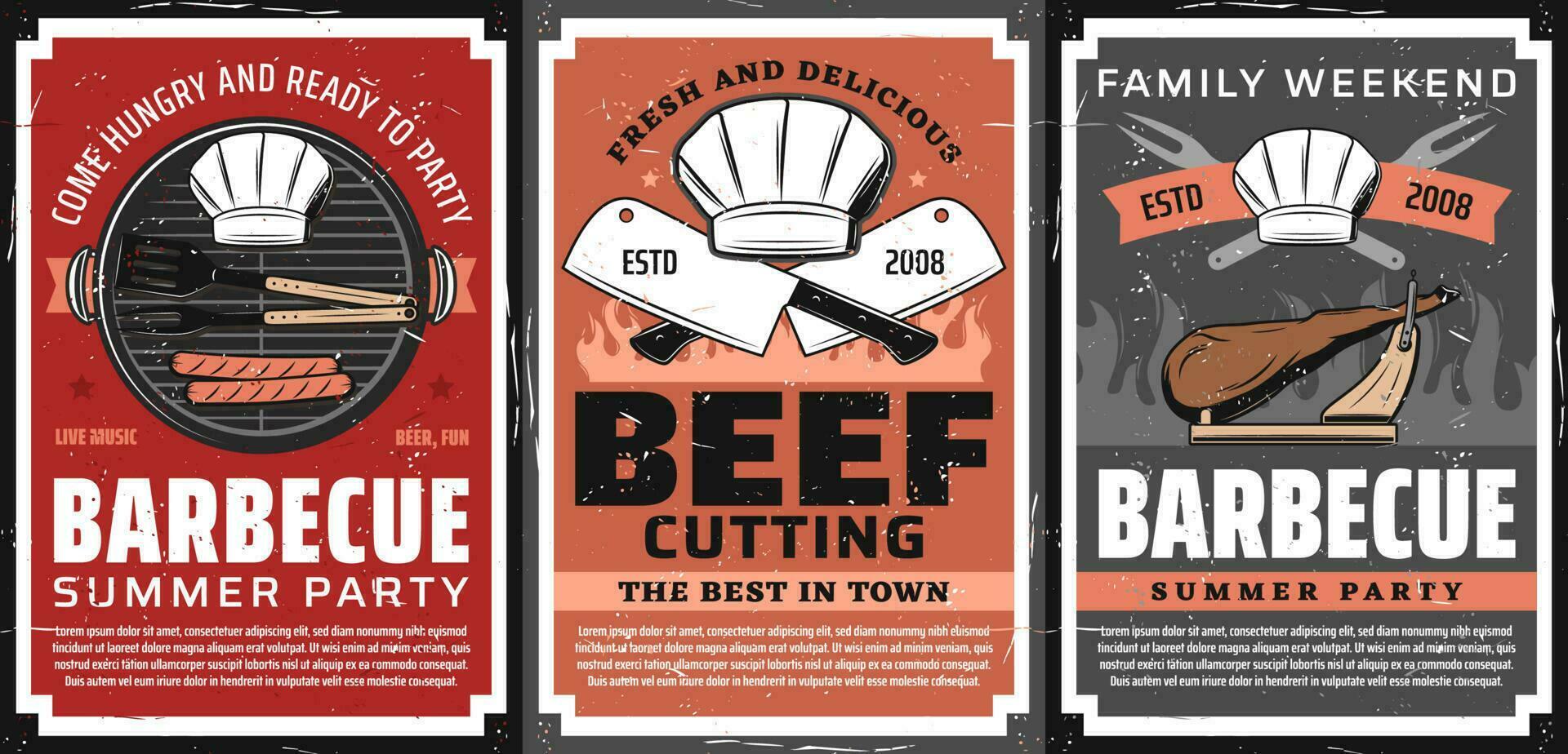 Barbecue party and steak restaurant retro posters vector