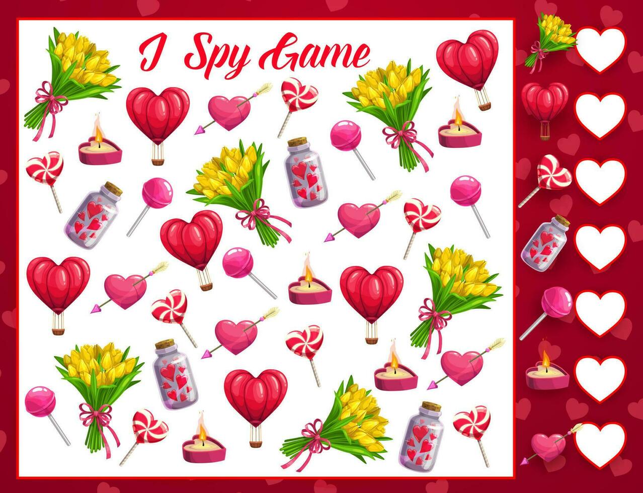 Saint Valentine day I spy math game for children vector