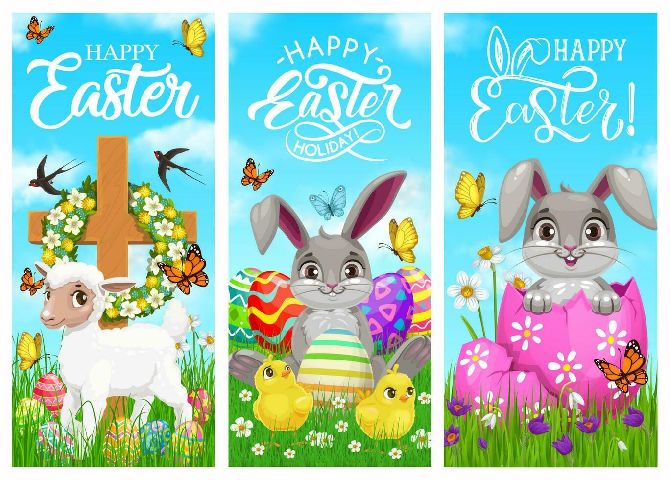 Happy Easter holiday, rabbits, chicks and sheep vector