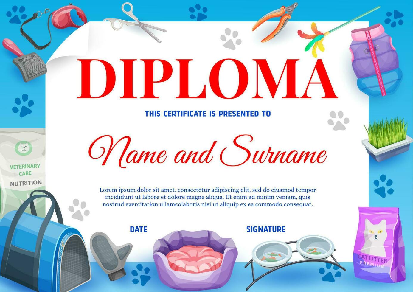 gato o gatito mascota cuidado diploma, certificado vector