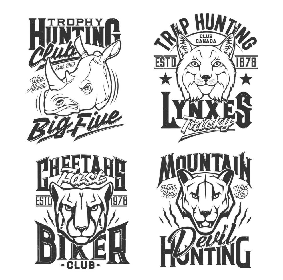 camiseta huellas dactilares con Puma puma, leopardo y rinoceronte vector
