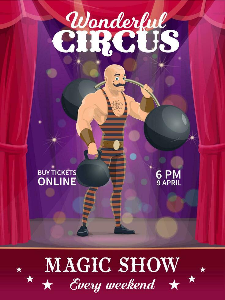 Shapito circus poster, cartoon strongman character vector