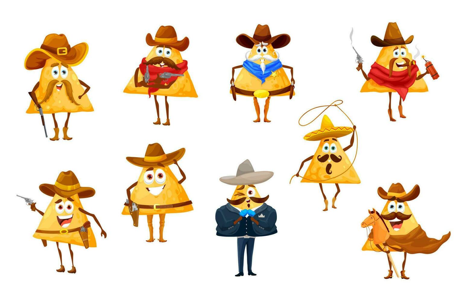 mexicano nachos papas fritas como vaquero, alguacil y bandido vector