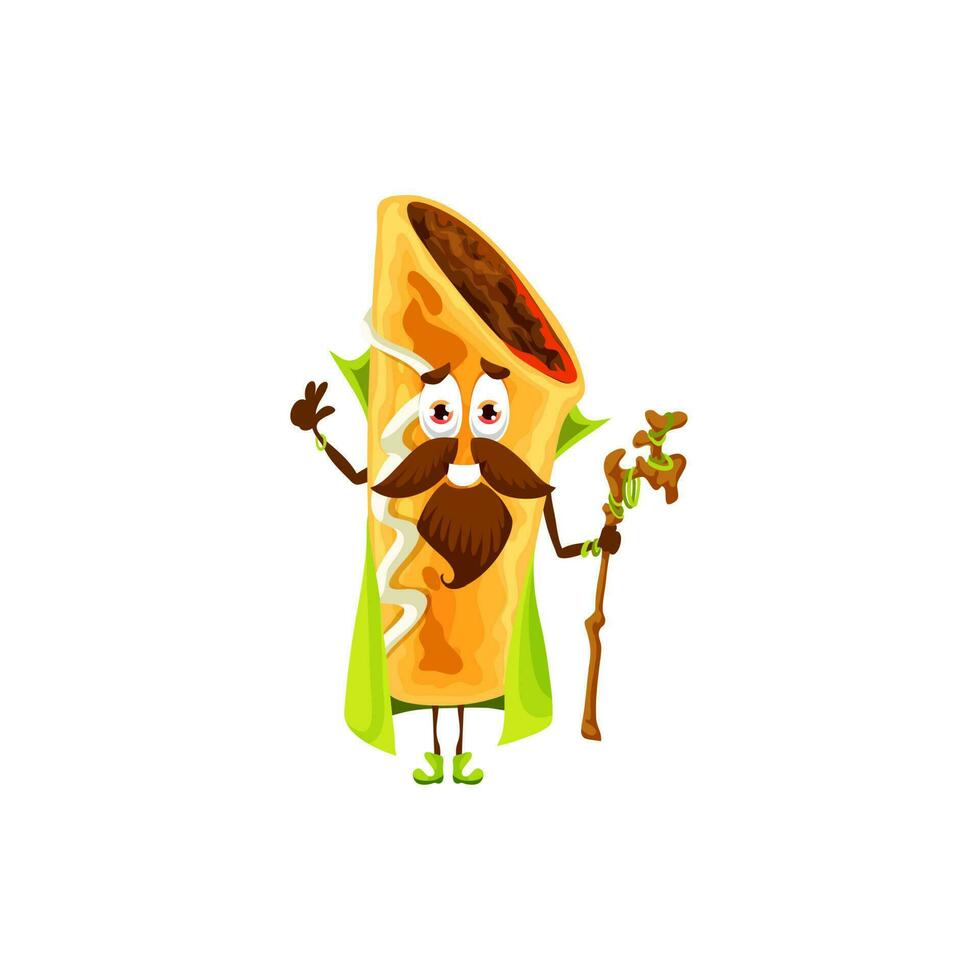 Cartoon Mexican chimichanga wizard character, wiz vector