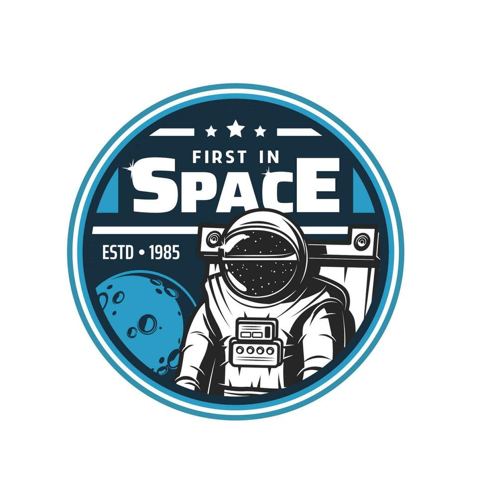 Astronaut in space icon. Planets, stars, spaceman vector
