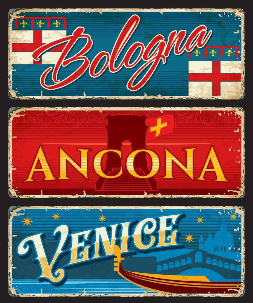 Bologna, Ancona and Venice italian travel plates vector