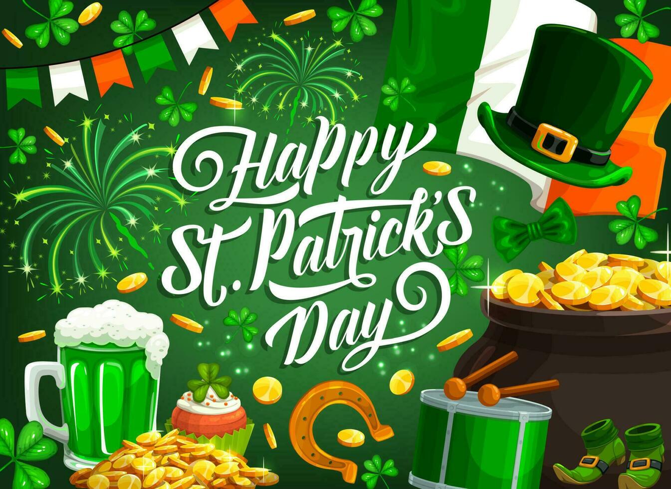 Patrick Irish shamrock clover, gold, fireworks vector