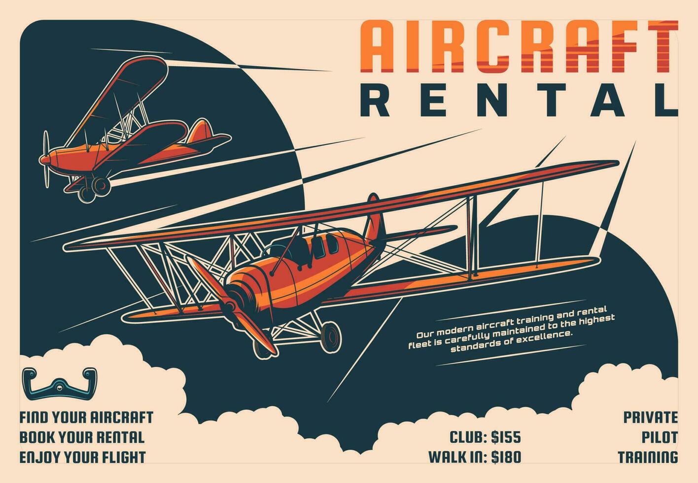 Rental aircraft tours, private pilot retro poster vector