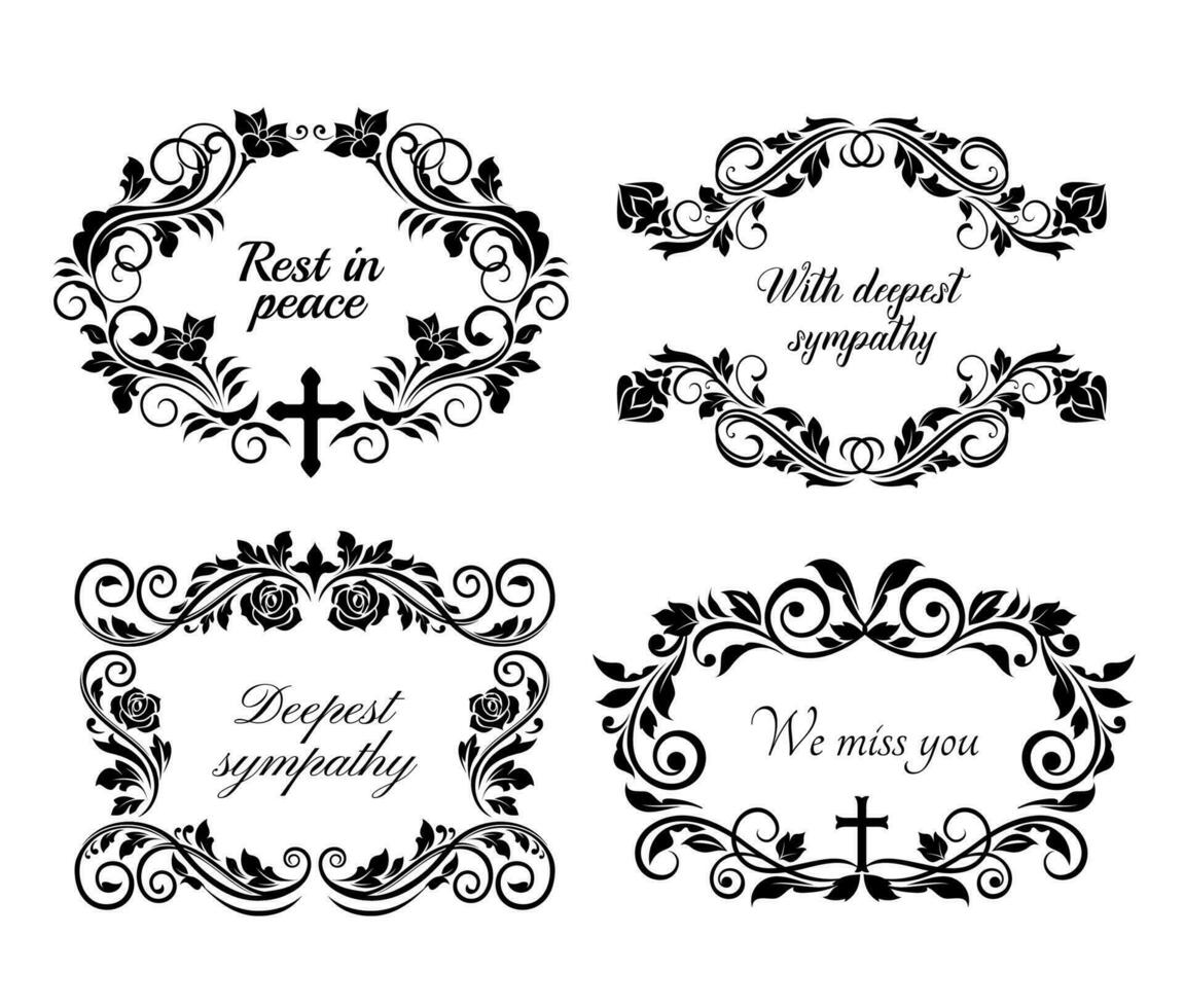 Funeral obituary condolence frames and RIP flowers vector