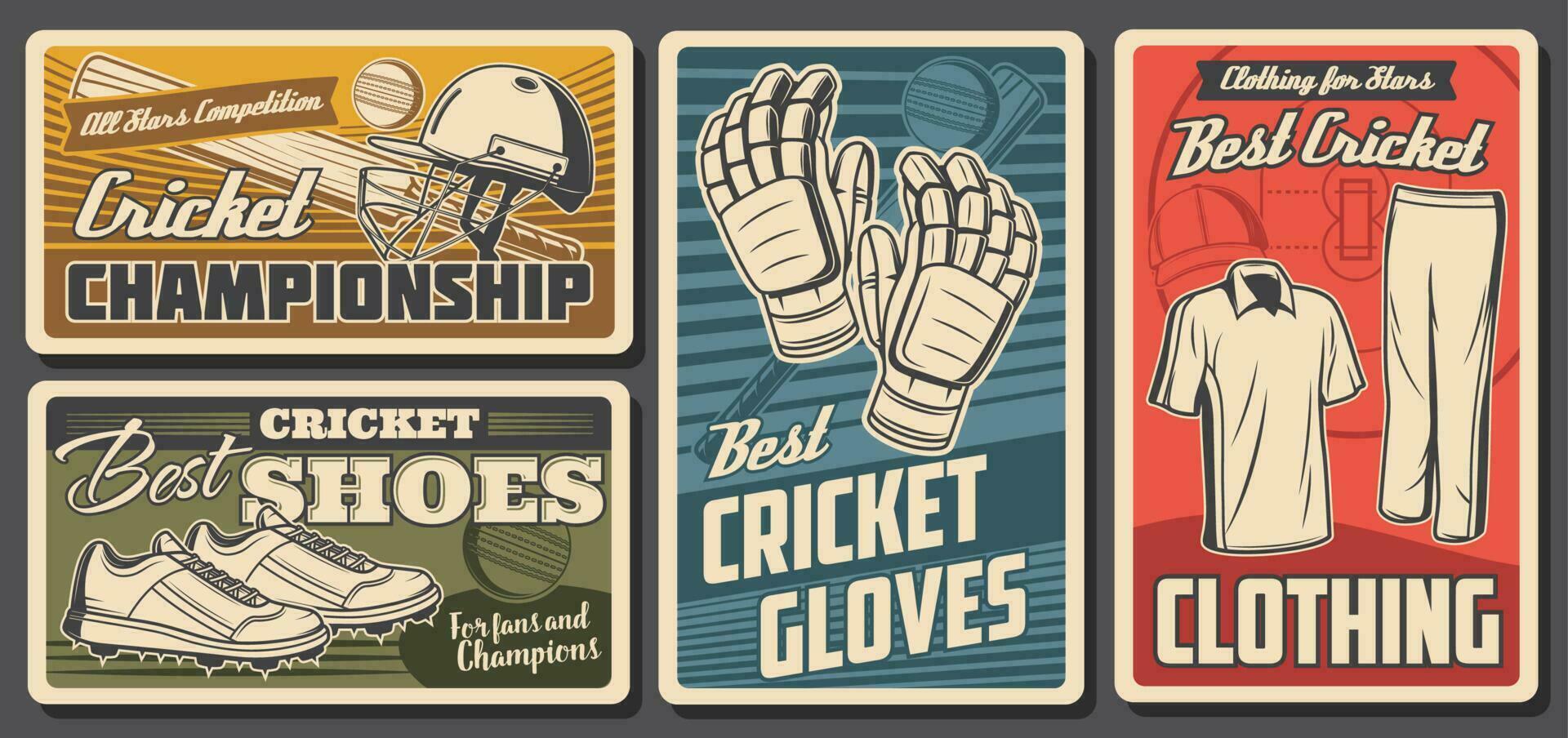 Cricket equipment and uniform, vector banners set