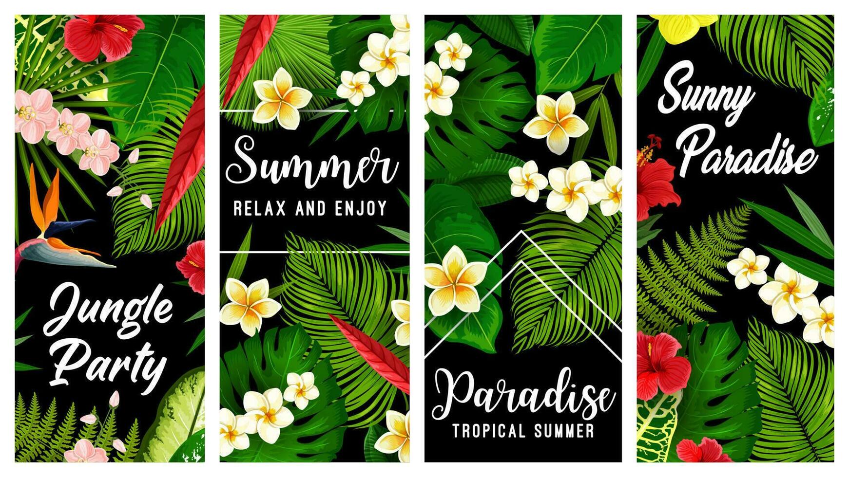 Tropical plants and flowers vector banners set