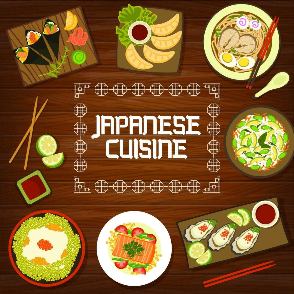 japonés cocina menú cubrir, asiático comida platos vector