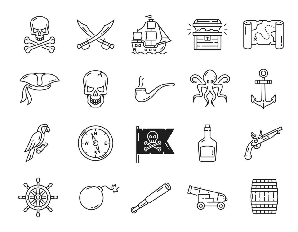 Caribbean pirates, filibusterer outline icons vector