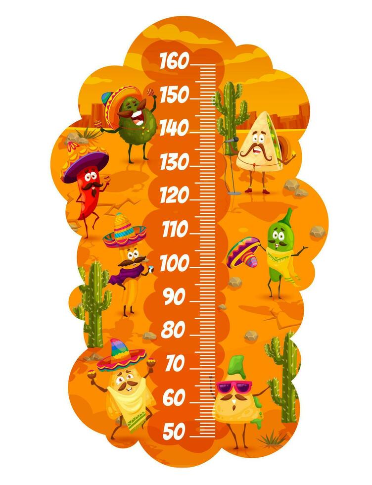 Cartoon Mexican food characters, kids height chart vector