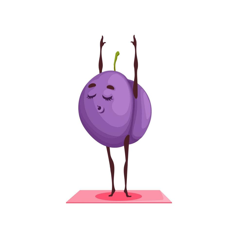 Plum cartoon character fitness yoga pilates sport vector