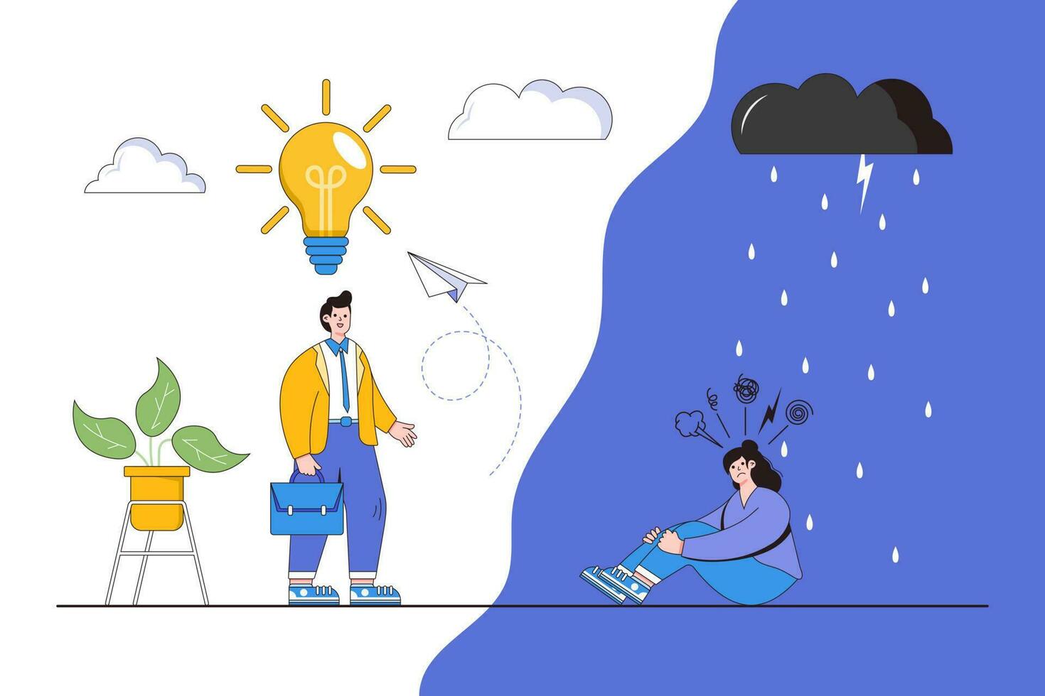 Support for those under stress concept. A young man holds out his helping hand to woman in a state of depression with light and dark side. Outline design minimal vector illustration for landing page