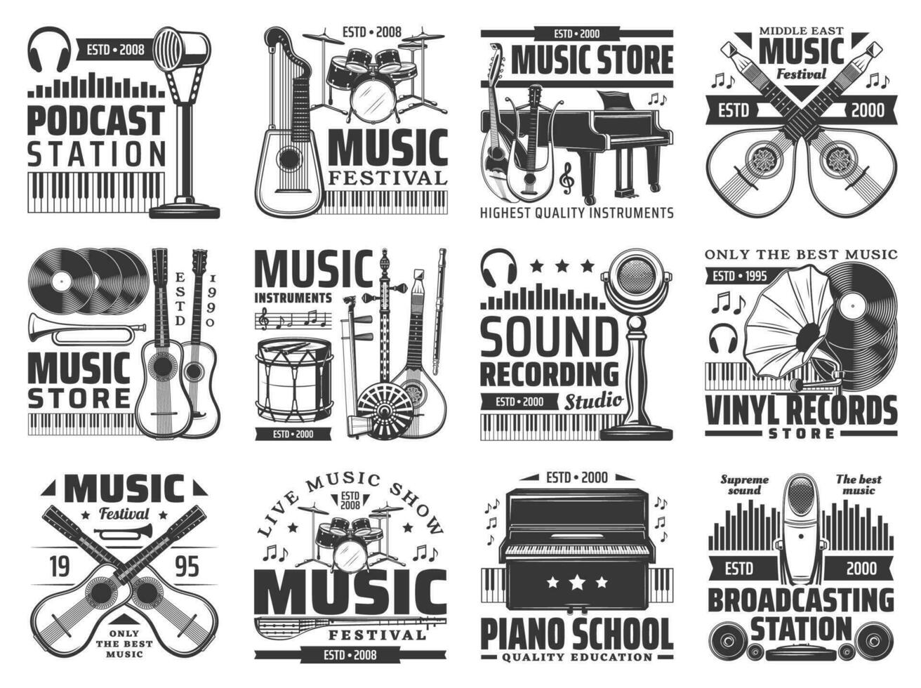 Music icons with instruments, microphones, vinyls vector