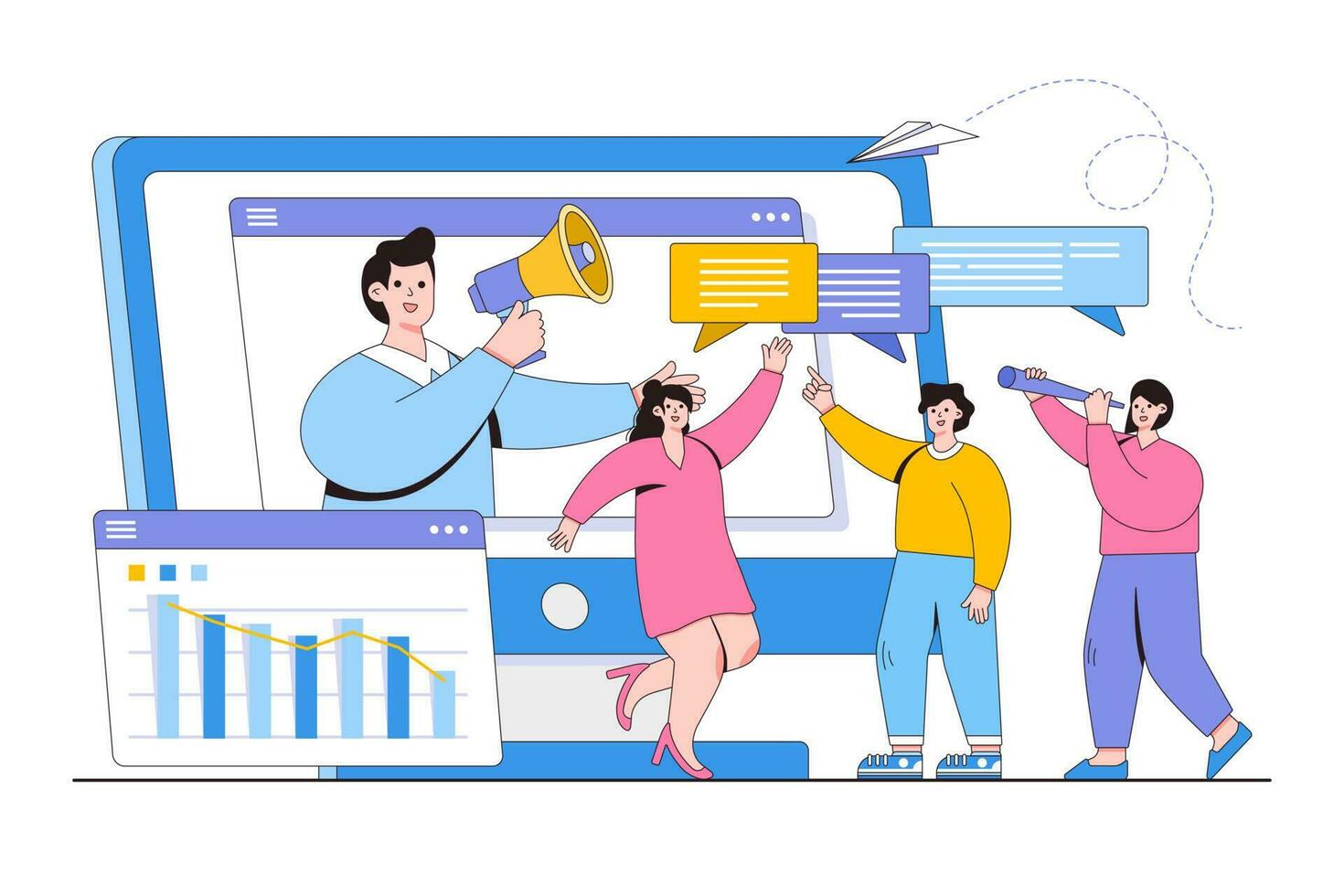 Collective thinking and brainstorming, company information analytics, employee agitation concept. Outline design minimal vector illustration for landing page, web banner, infographics, hero images