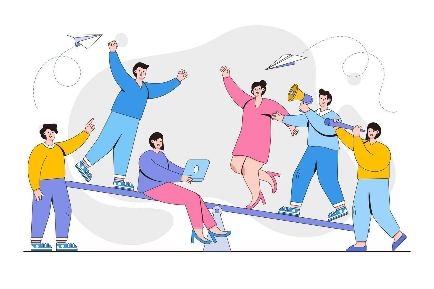 Overweight, cost, power and comparison concept. Groups of people on a swing and outweighs them. Outline design minimal vector illustration for landing page, web banner, infographics, hero images