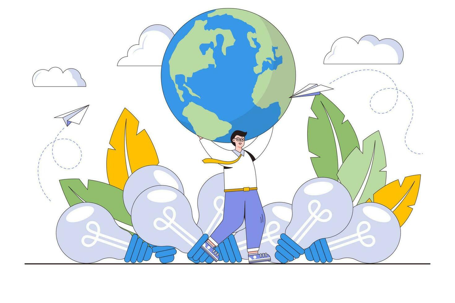 Earth day concept. Man saves the planet from pollution by standing on a dead light bulb and holding the planet in his hands. Outline design minimal vector illustration for landing page, web banner