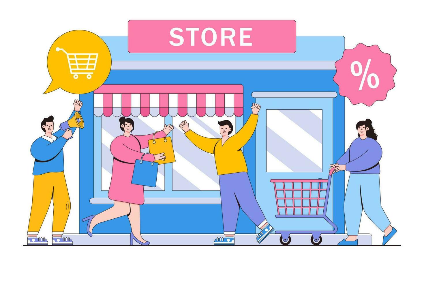 Various shops, discounts, investing in real estate, shopping, purchase of goods and gifts concept with people character. Outline design style minimal vector illustration for landing page, web banner