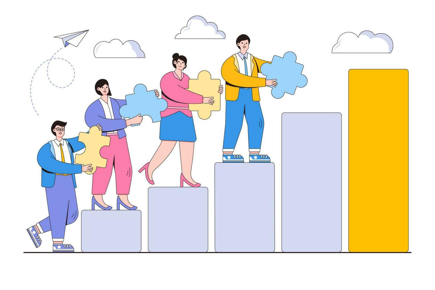 Teamwork, cooperation, partnership concept. Business people connecting puzzle elements. Outline design style minimal vector illustration for landing page, web banner, infographics, hero images