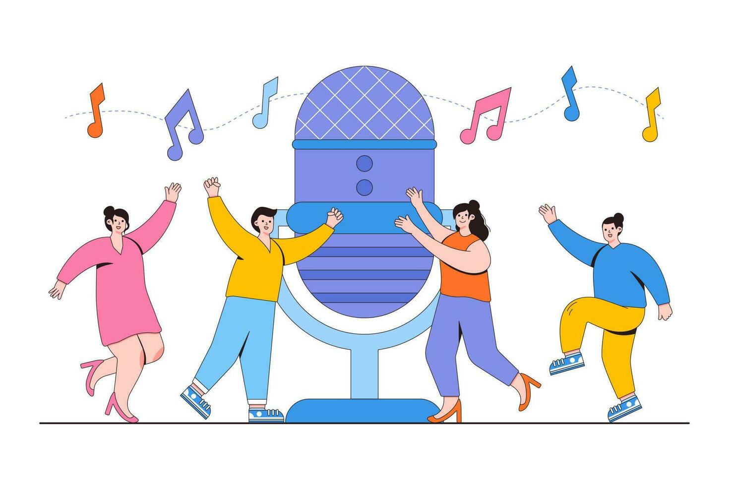 noticias, entrevistas, voz interino, sonido grabación en radio dentro micrófono concepto. grupo de personas bailando y teniendo divertido el música. contorno diseño estilo mínimo vector ilustración para aterrizaje página