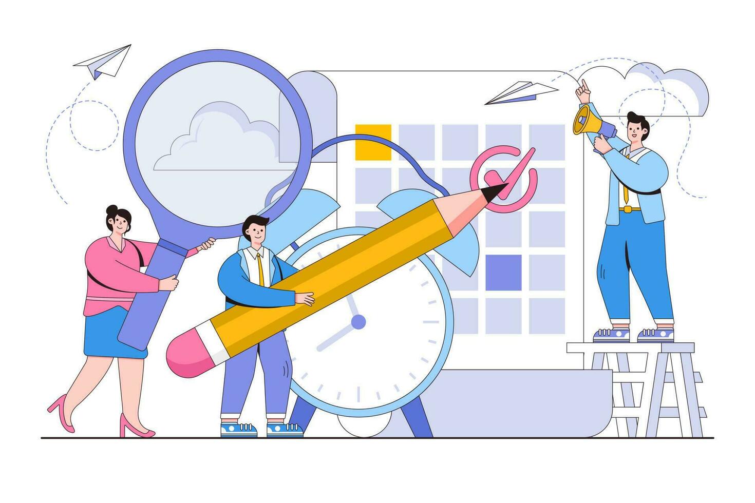 Work planning, daily routine concept. Business people filling out the schedule in the table. Outline design style minimal vector illustration for landing page, web banner, infographics, hero images