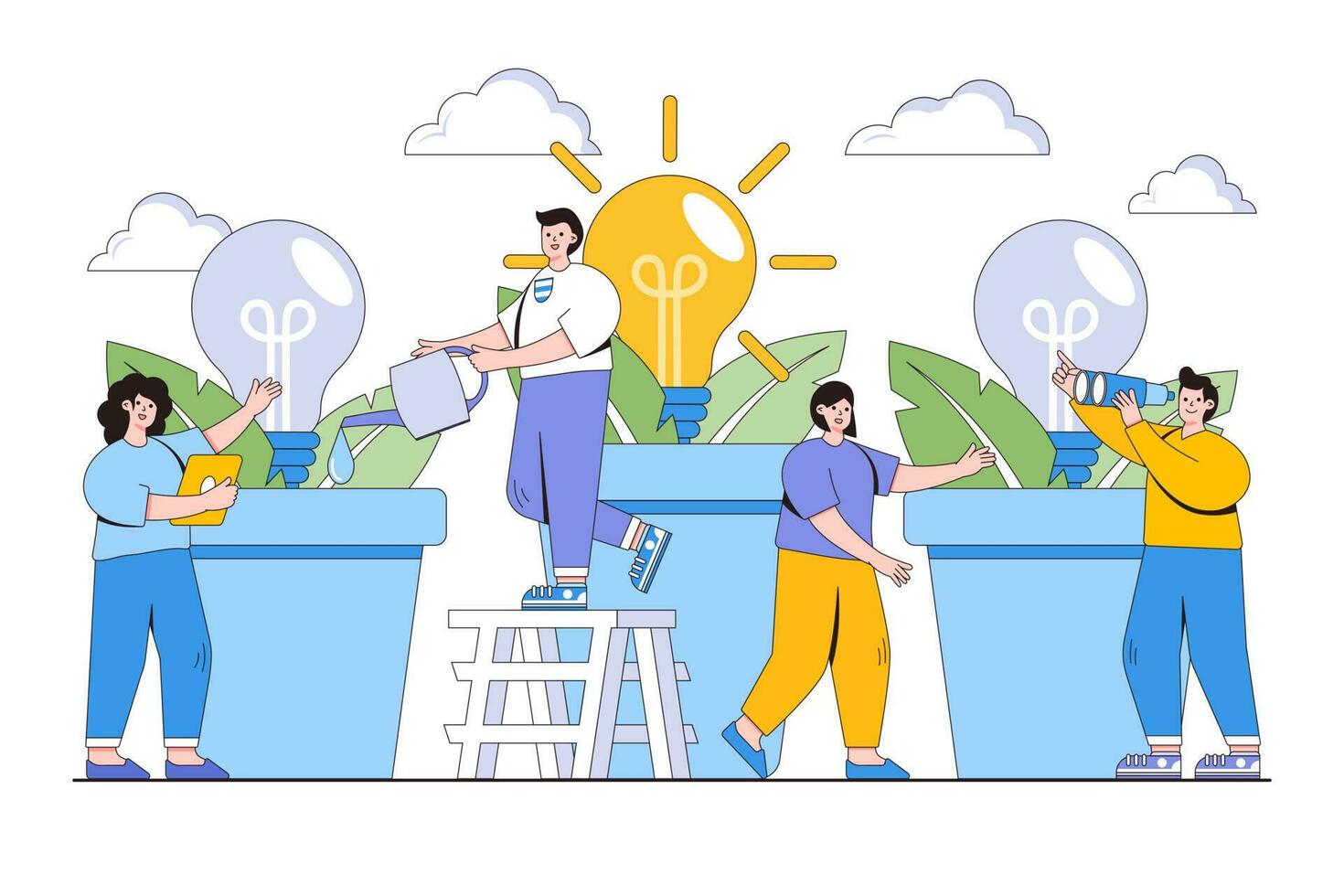 Idea of project activity concept. Business people grow potted plants for the birth of a creative idea. Outline design style minimal vector illustration for landing page, web banner, infographics