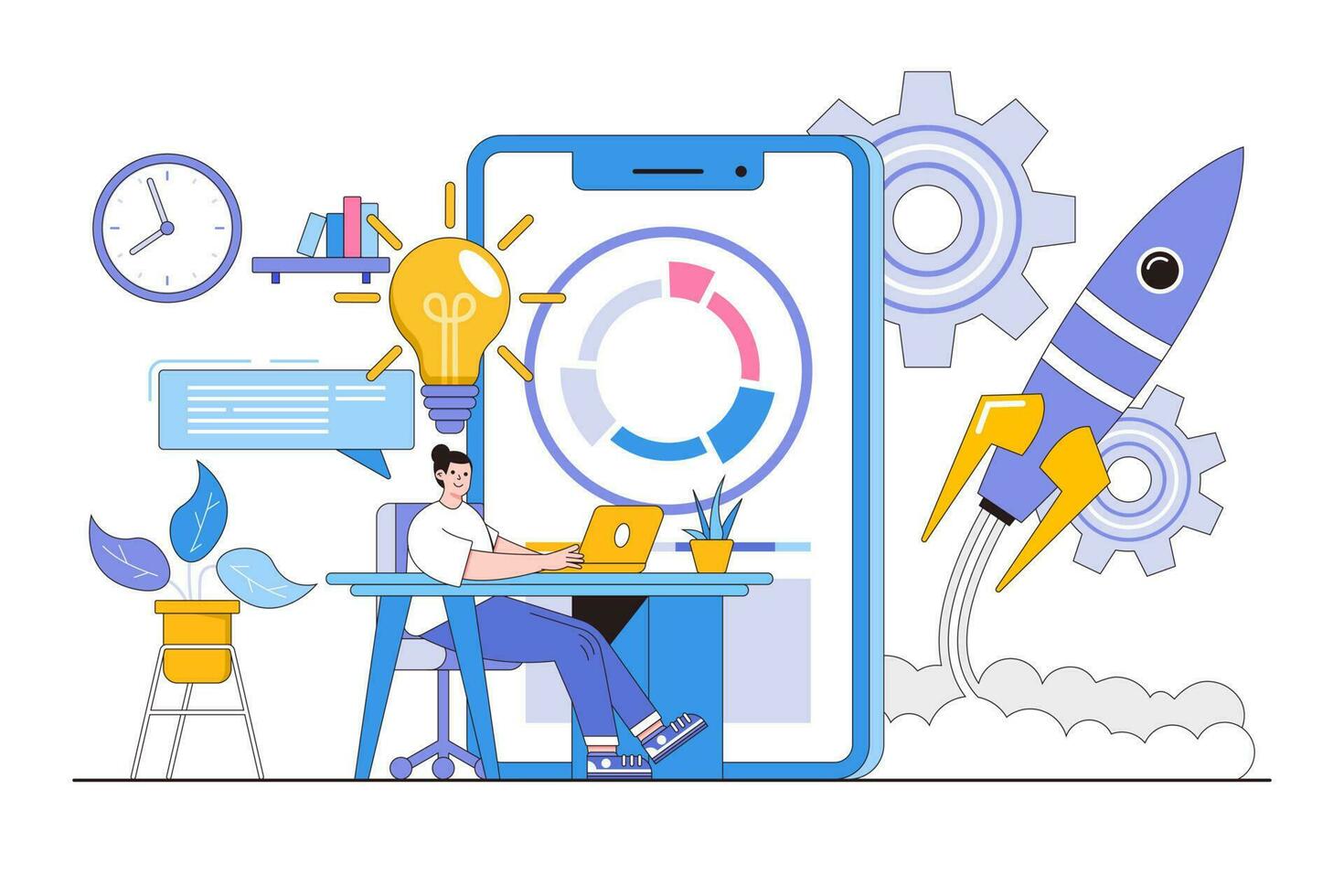 Creative space, work from home on the internet concept with freelancer working on laptop. Outline design style minimal vector illustration for landing page, web banner, infographics, hero images