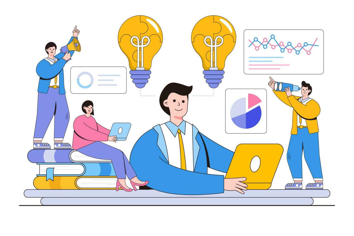 Business meeting and brainstorming concept. Teamwork for searching for new solution and ideas. Outline design style minimal vector illustration for landing page, web banner, infographics, hero images