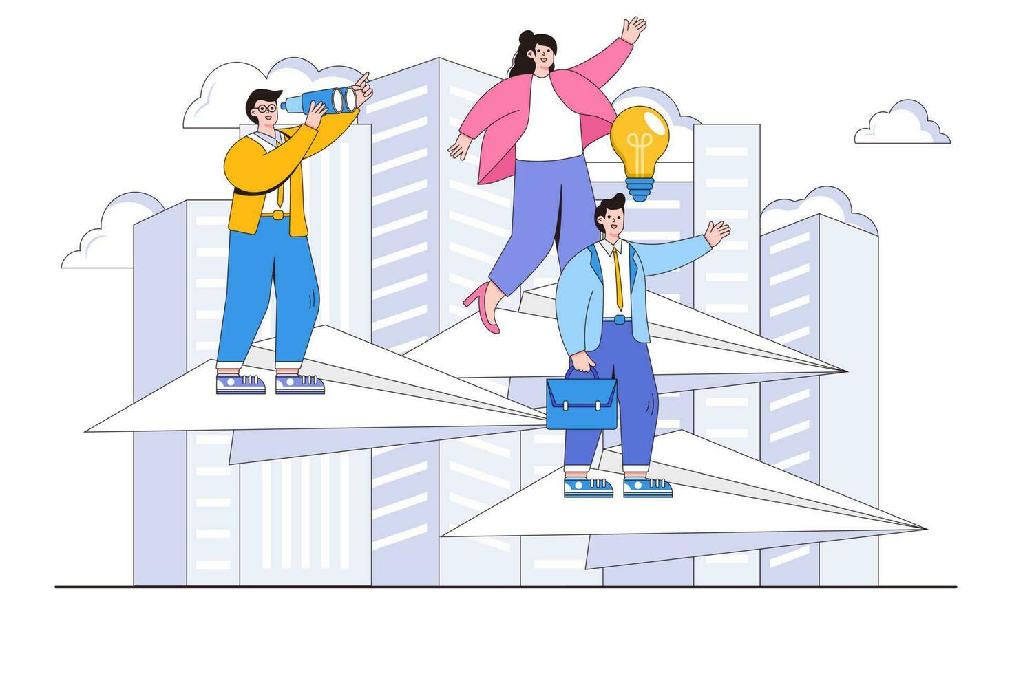 Achieving goal, motivation path to success, career advancement, search for ideas concept. Business people seeks up on a paper plane. Outline design style minimal vector illustration for landing page