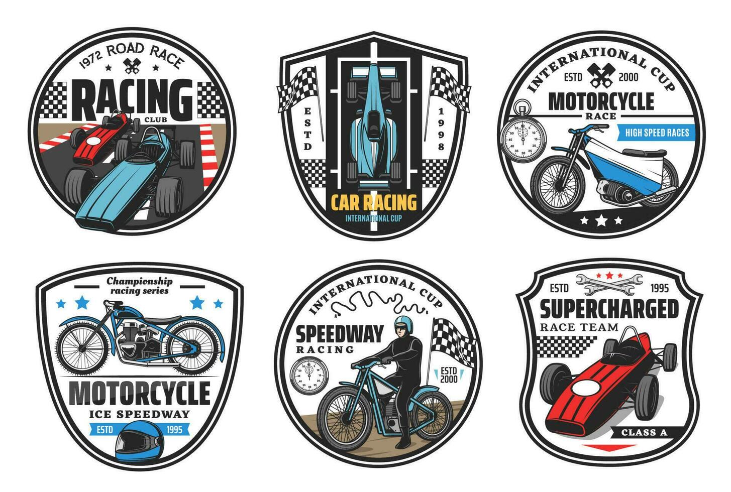 Racing sport icons, motocross speedway, cars races vector