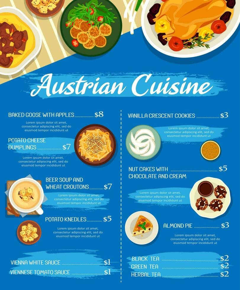 Austrian food restaurant meals menu vector cover