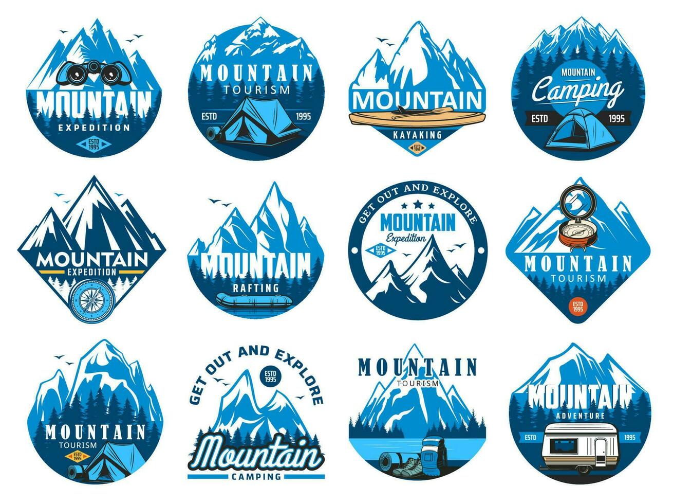 montaña turismo, canotaje y kayak íconos vector