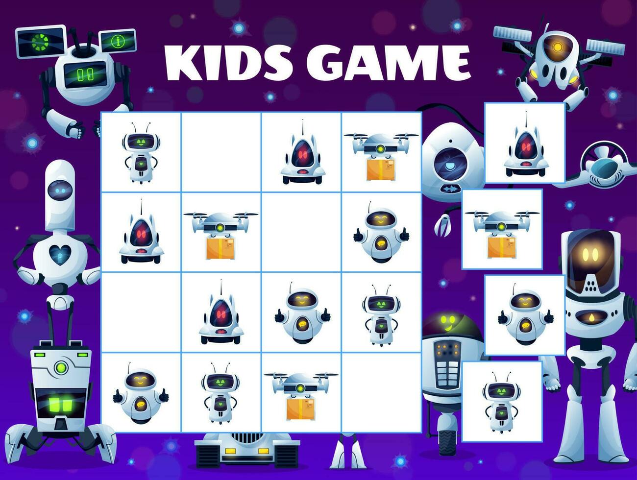 Sudoku kids game block puzzle, robots and drones vector